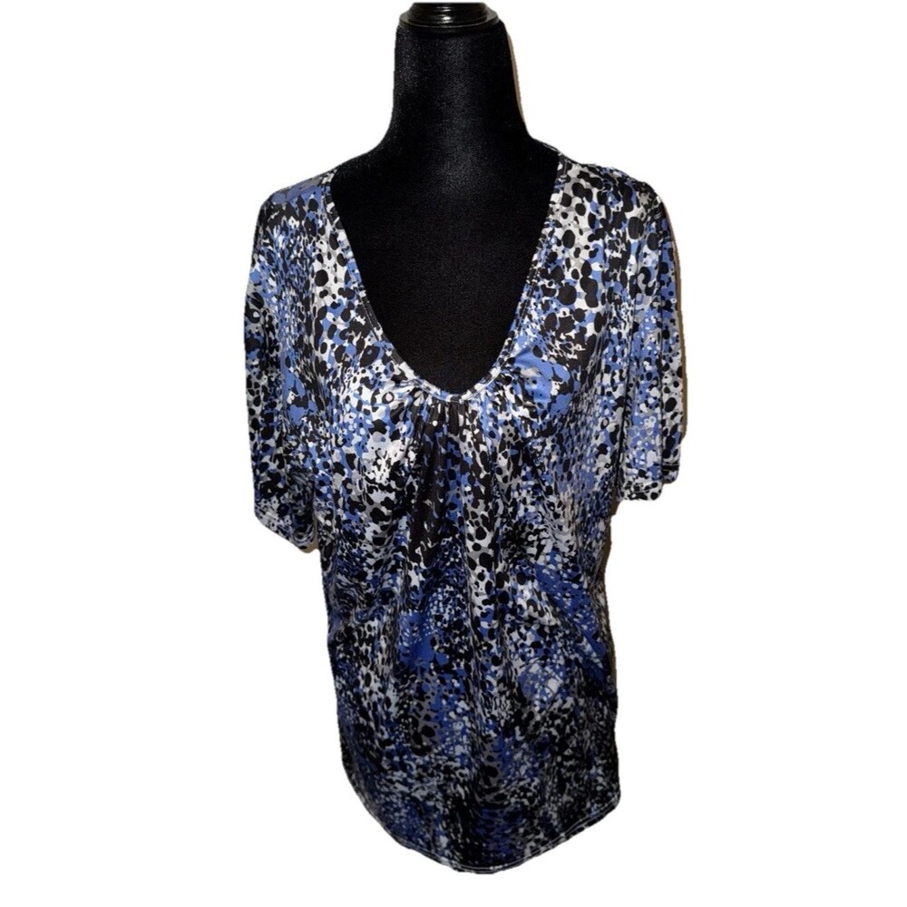 2X Short Sleeve Pullover Leopard Print Blue, Black & White Polyester Blouse